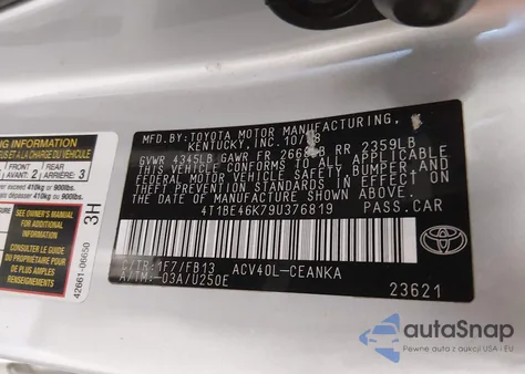 2009 Toyota Camry Le z USA, uszkodzony, nr VIN 4T1BE46K79U376819